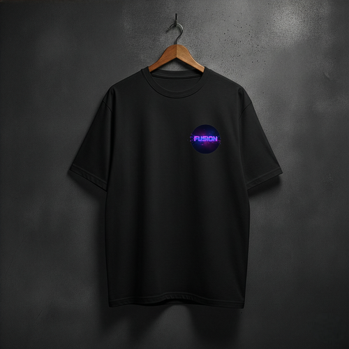 Black t-shirt with a colorful logo front left chest
