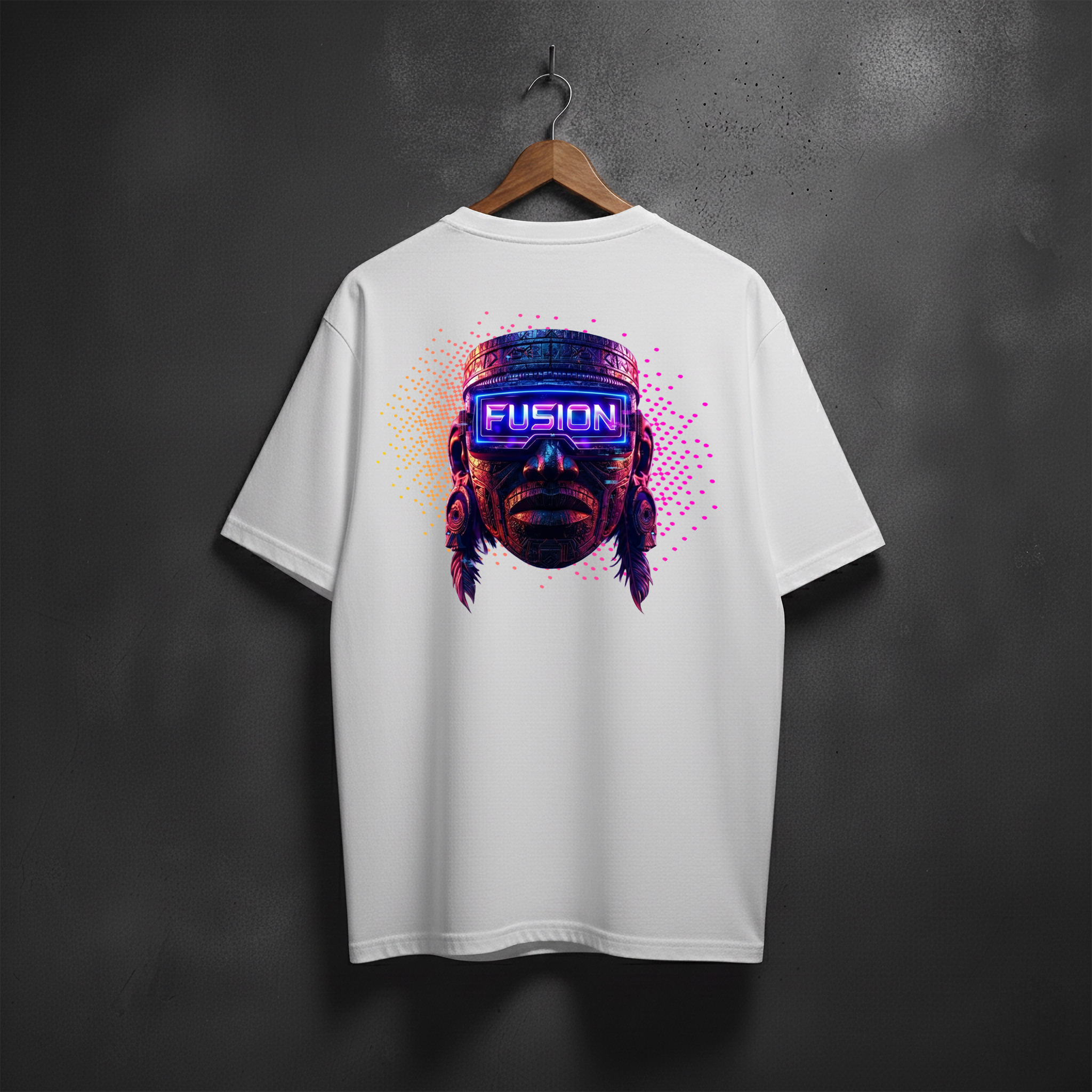 White t-shirt with a graphic mask design on the back