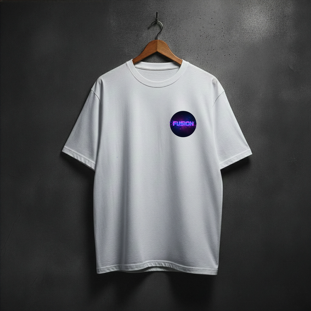 White t-shirt with colorful logo on the front left chest