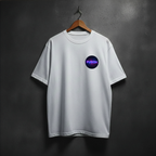White t-shirt with colorful logo on the front left chest