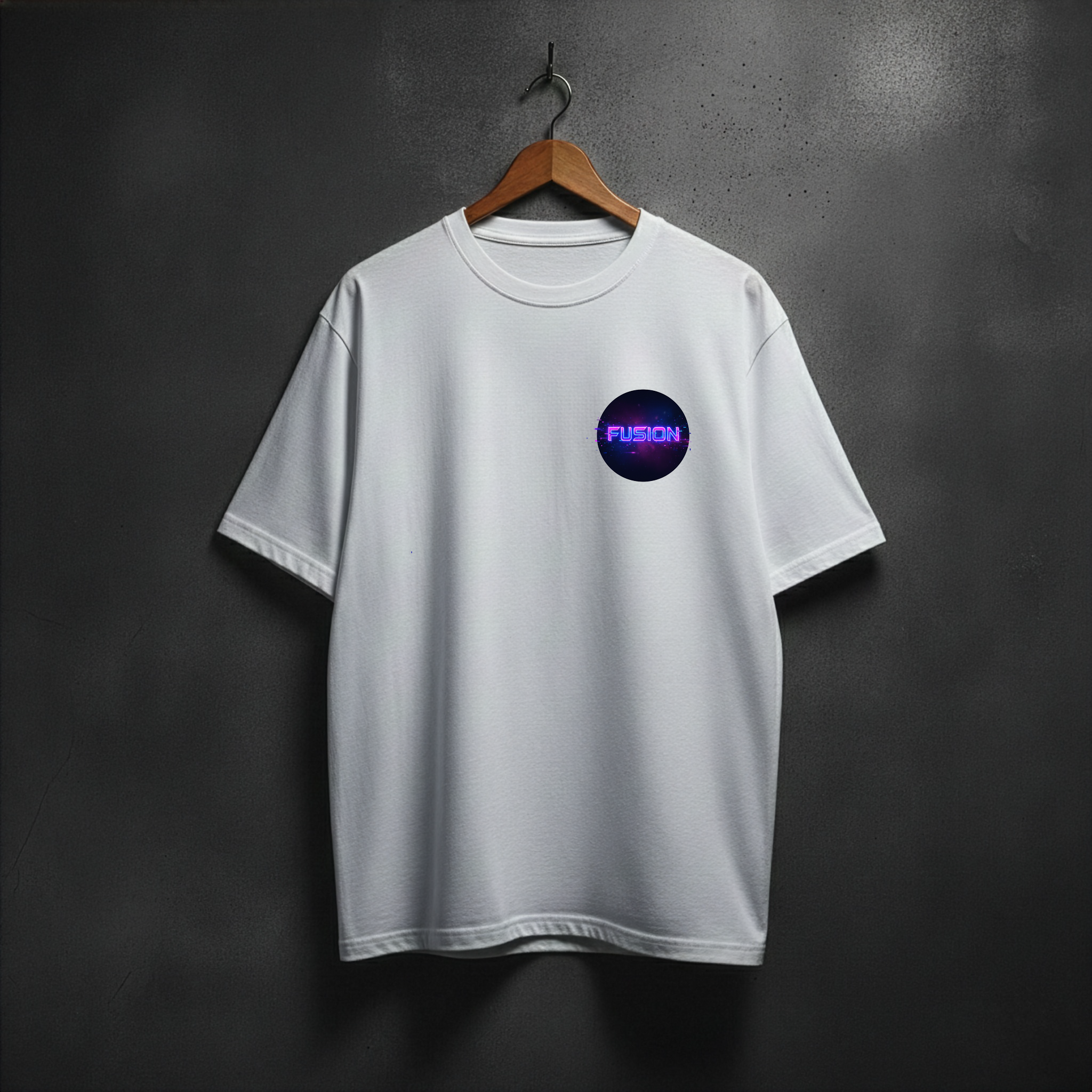 White t-shirt with colorful logo on the front left chest