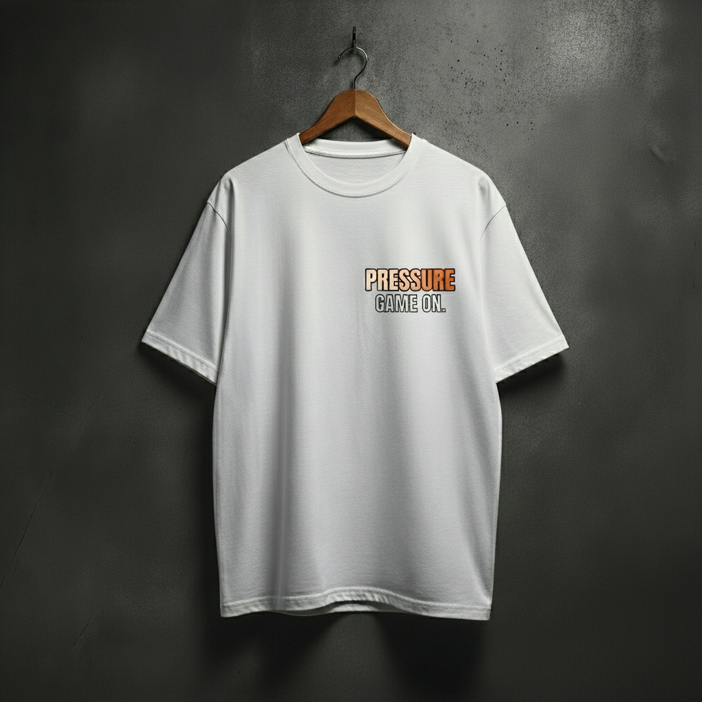 White t-shirt with text on the left side 
