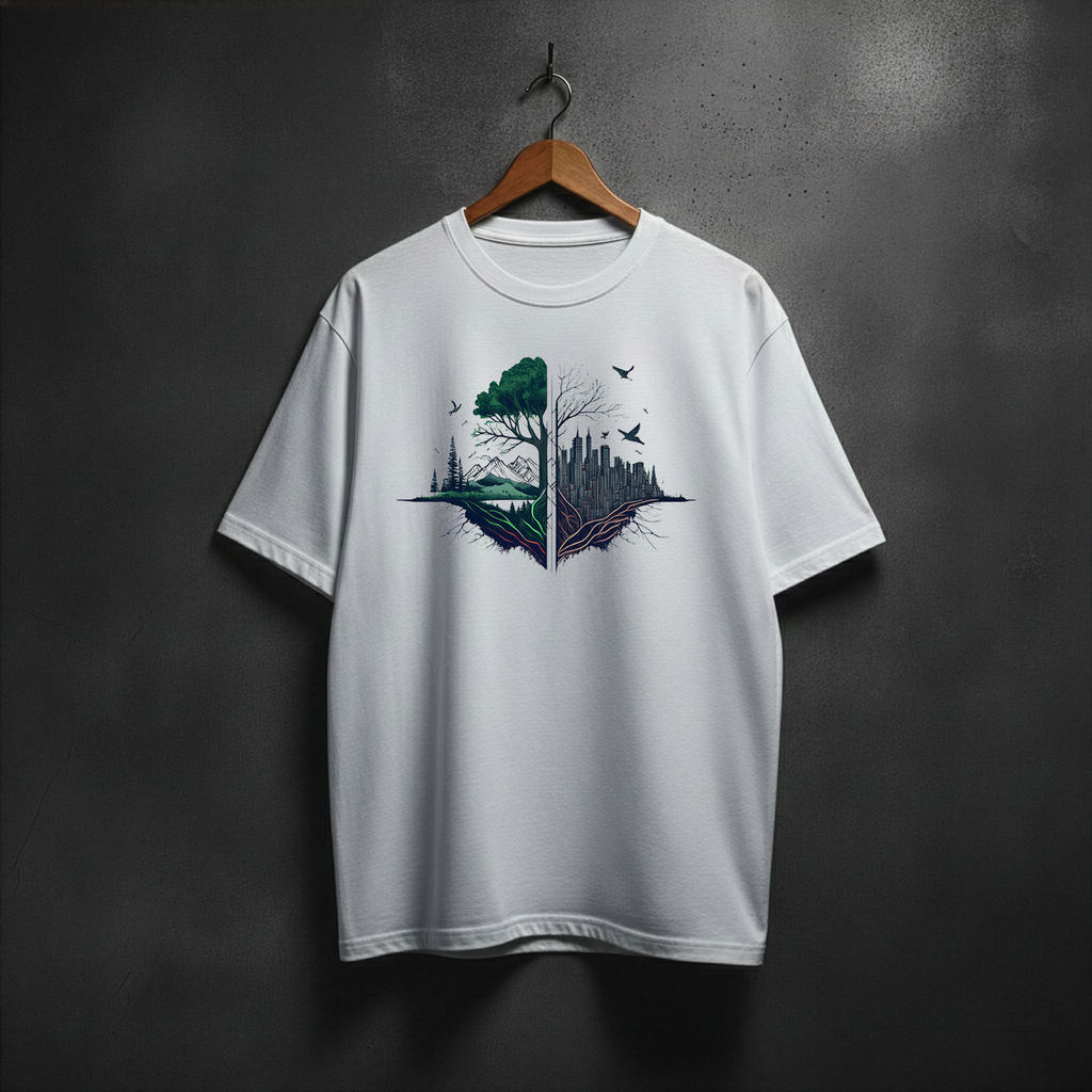 White t-shirt with a nature vs. city graphic front chest