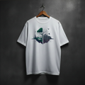 White t-shirt with a nature vs. city graphic front chest
