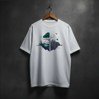 White t-shirt with a nature vs. city graphic front chest