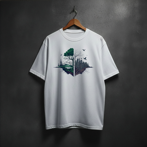 White t-shirt with a nature vs. city graphic front chest
