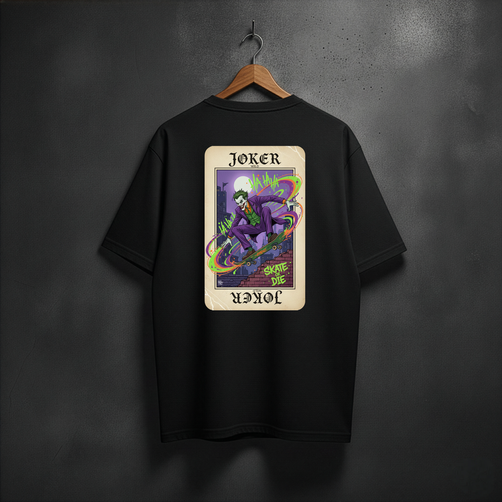 Black t-shirt with a colorful 'Joker' graphic design on the back