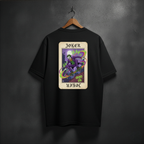 Black t-shirt with a colorful 'Joker' graphic design on the back