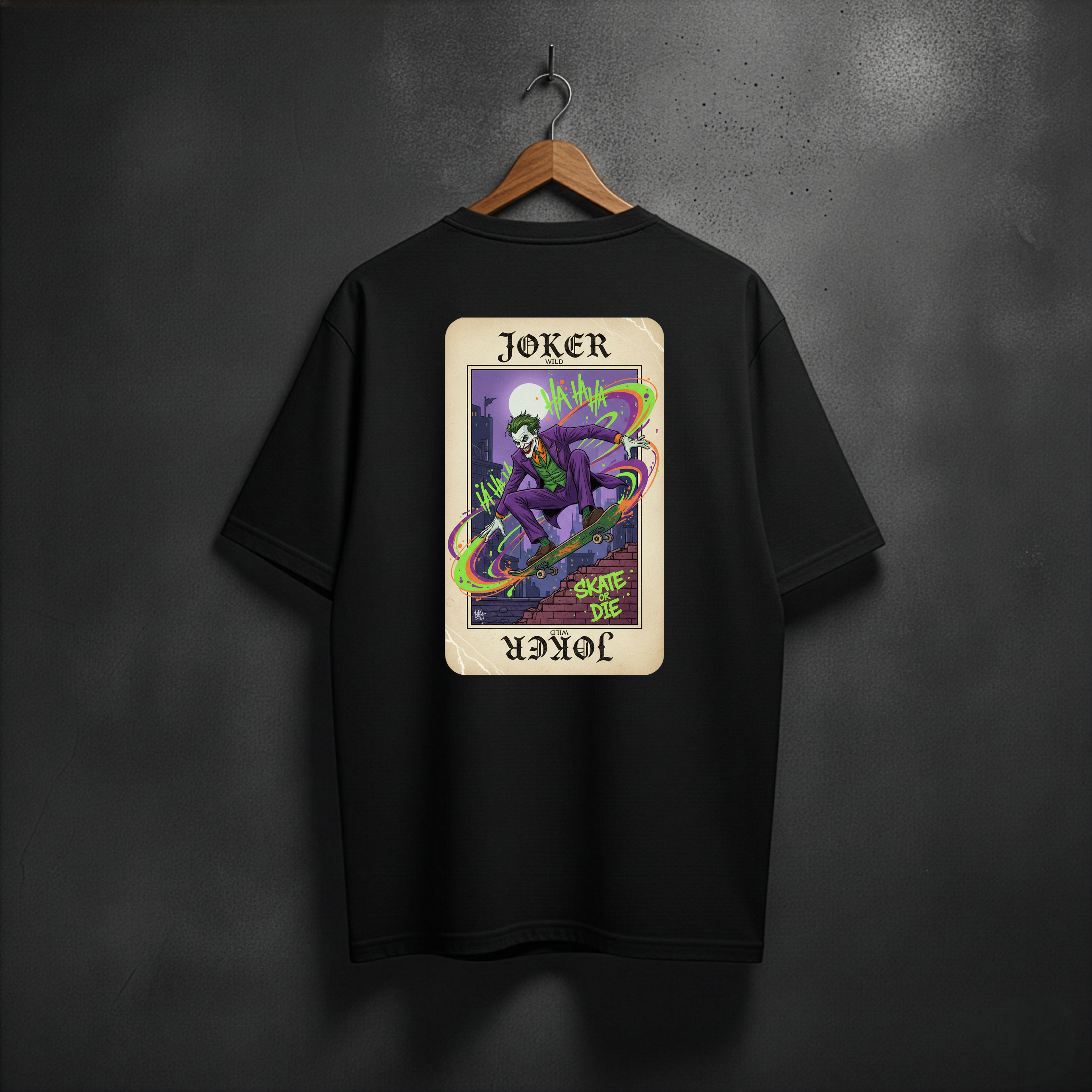 Black t-shirt with a colorful 'Joker' graphic design on the back