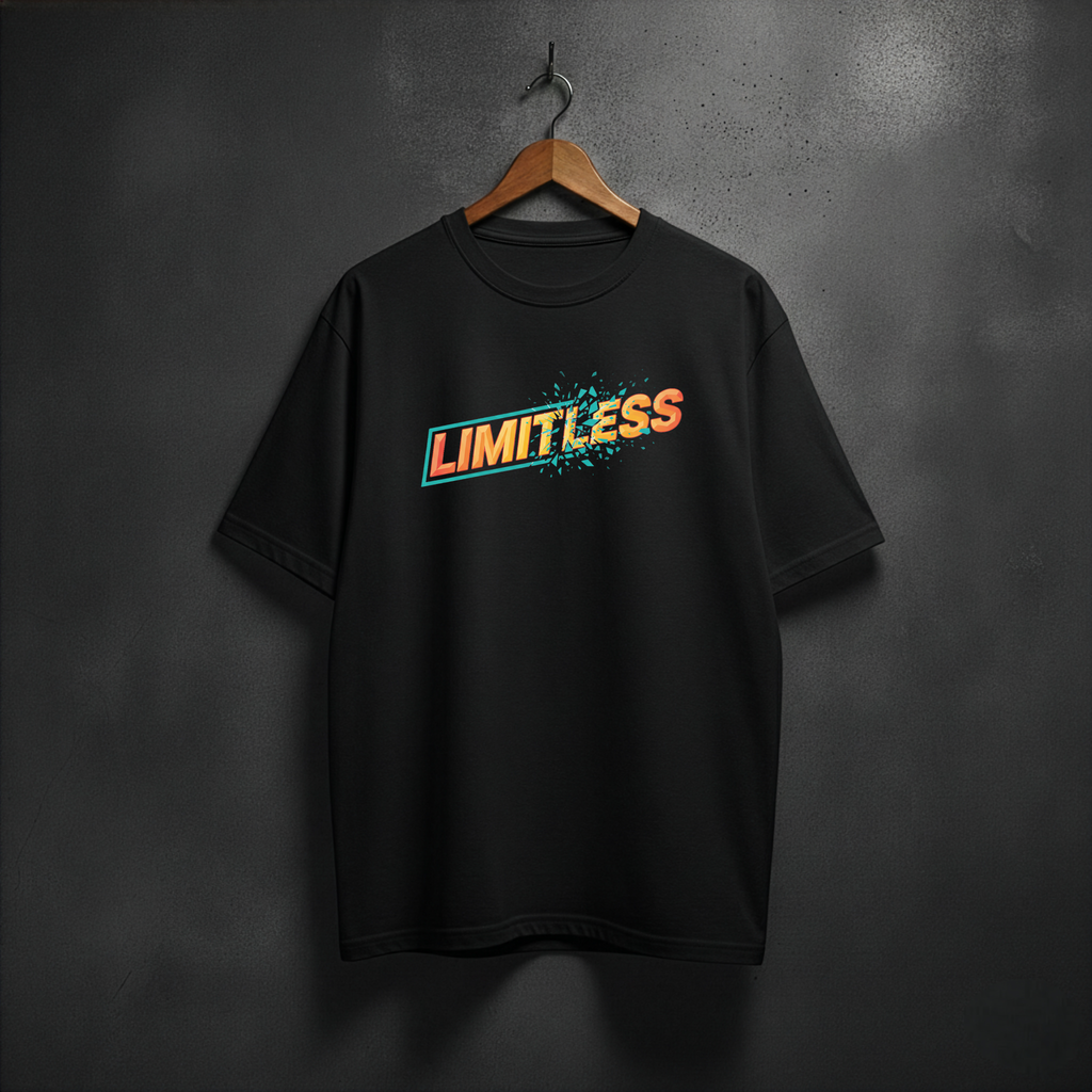 Black t-shirt with  shattered 'LIMITLESS' text on the front chest