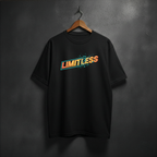 Black t-shirt with  shattered 'LIMITLESS' text on the front chest