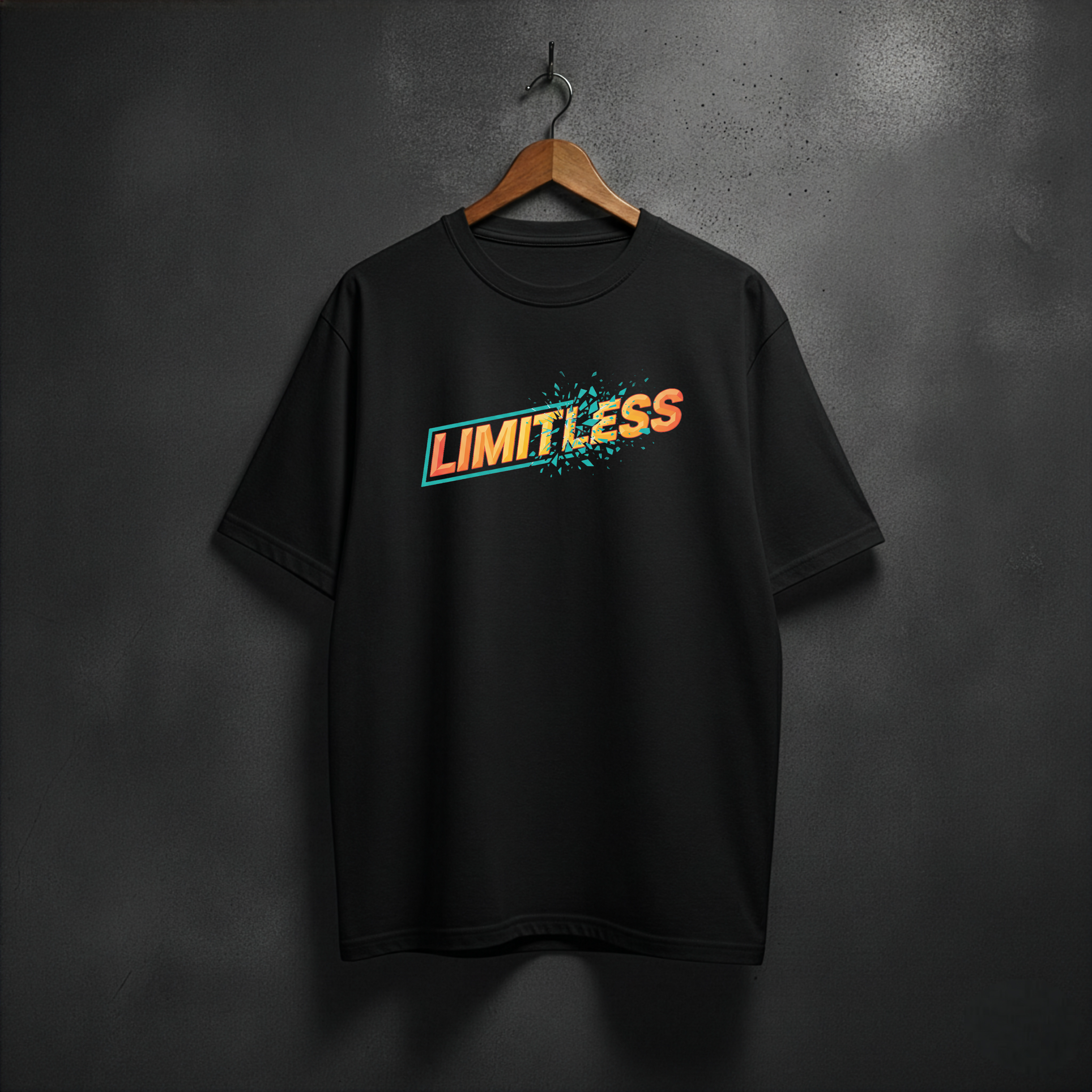Black t-shirt with  shattered 'LIMITLESS' text on the front chest