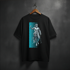 Black t-shirt with a graphic design of a silver statue on a blue checkered background on the front