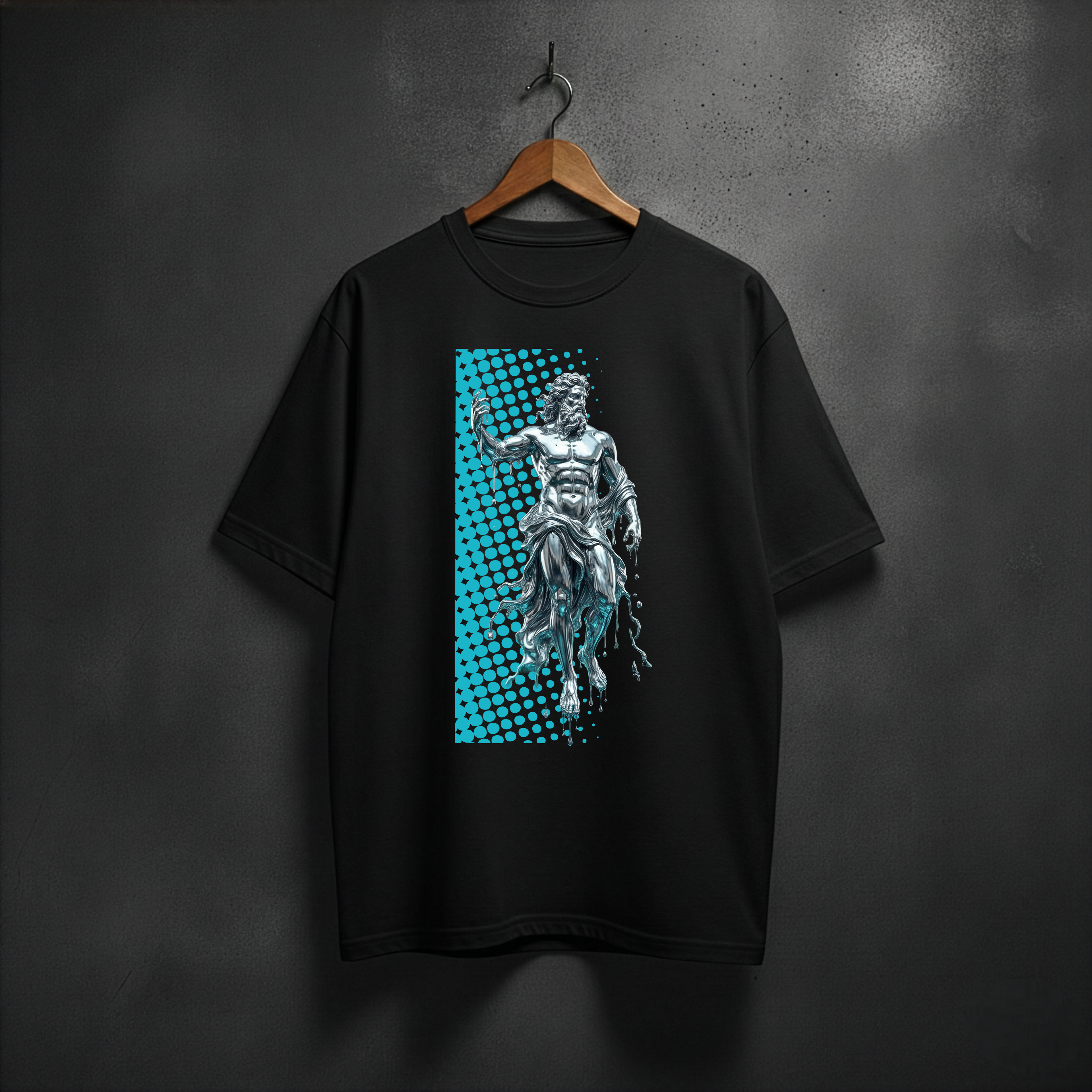 Black t-shirt with a graphic design of a silver statue on a blue checkered background on the front
