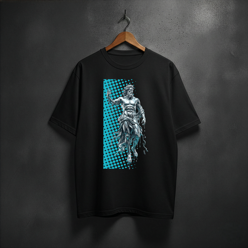 Black t-shirt with a graphic design of a silver statue on a blue checkered background on the front