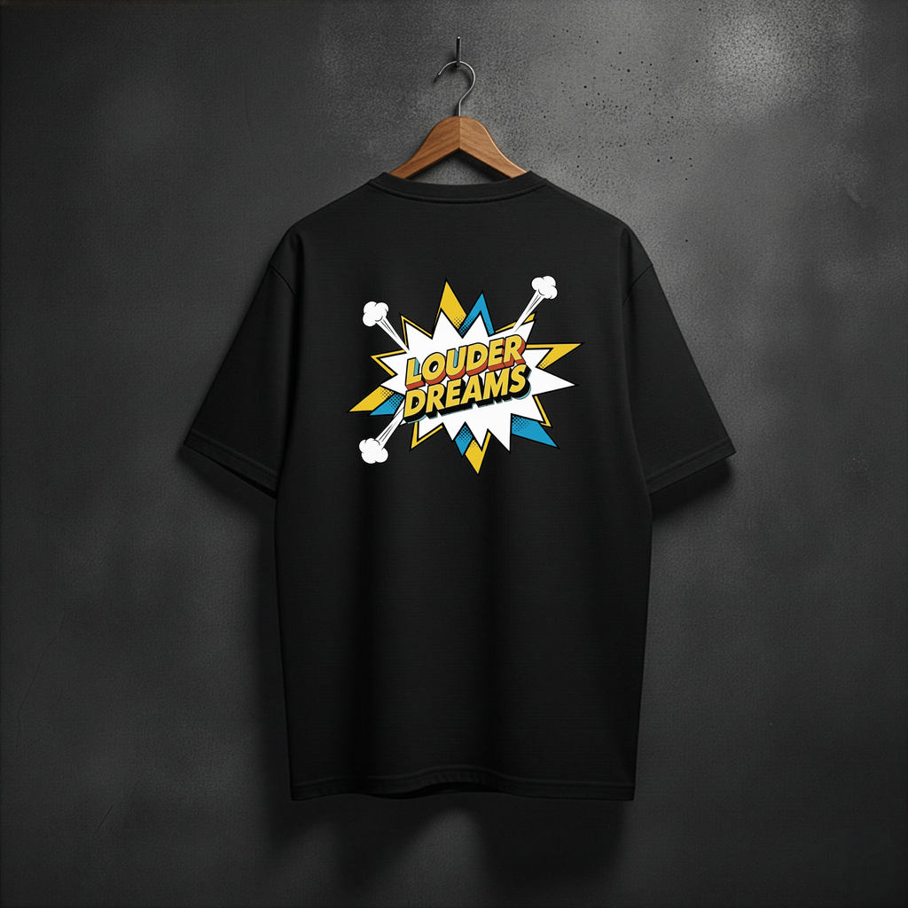 Black t-shirt with 'Louder Dreams'  graphic on the back
