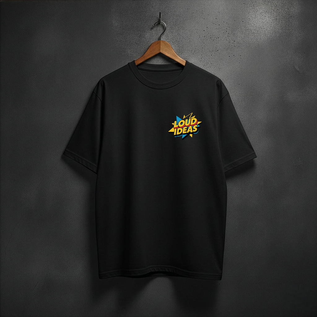 Black t-shirt with loud ideas colorful logo on the front left chest