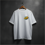 White t-shirt with loud ideas colorful logo on the front left chest