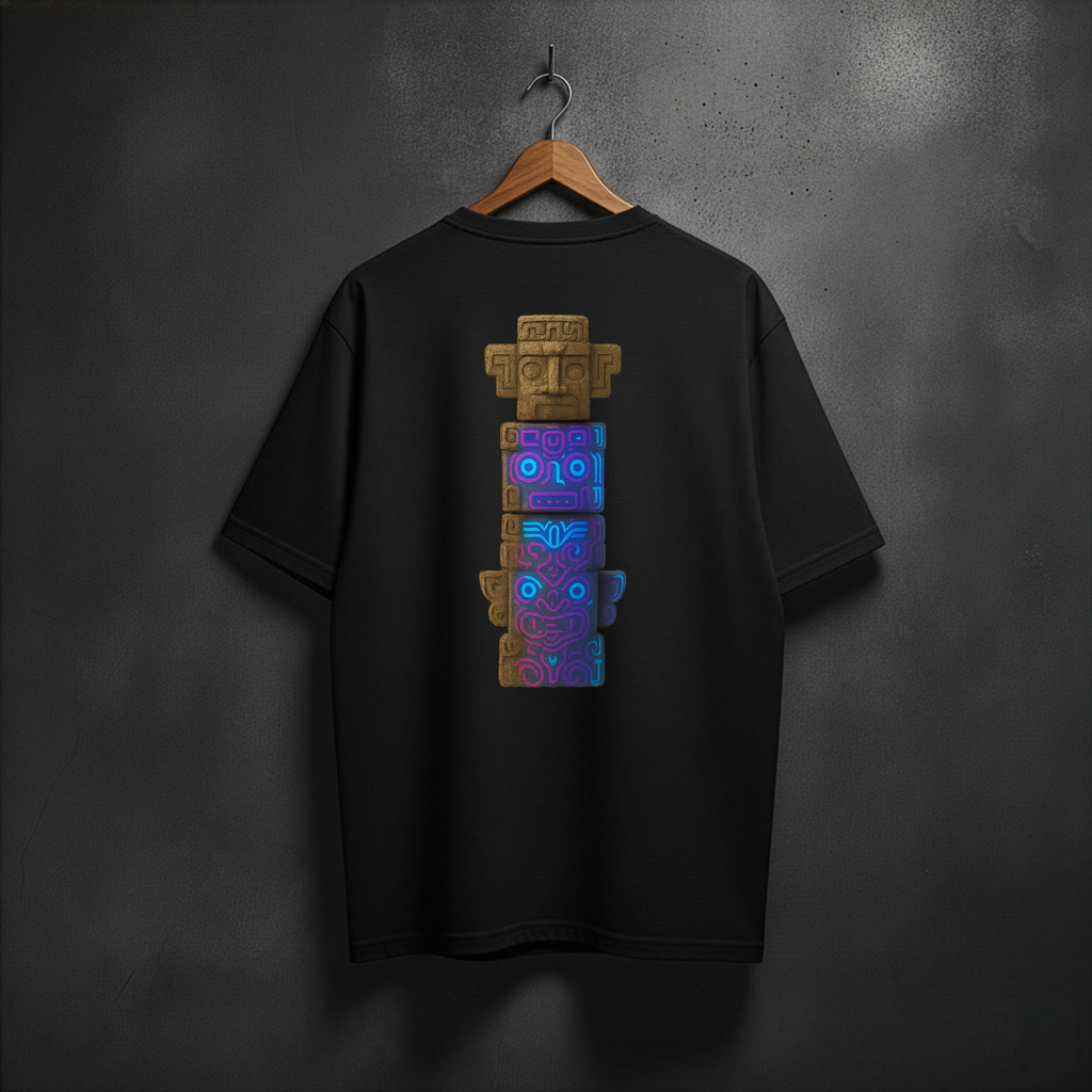 Black t-shirt with a colorful totem design on the back
