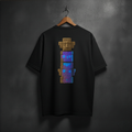 Black t-shirt with a colorful totem design on the back