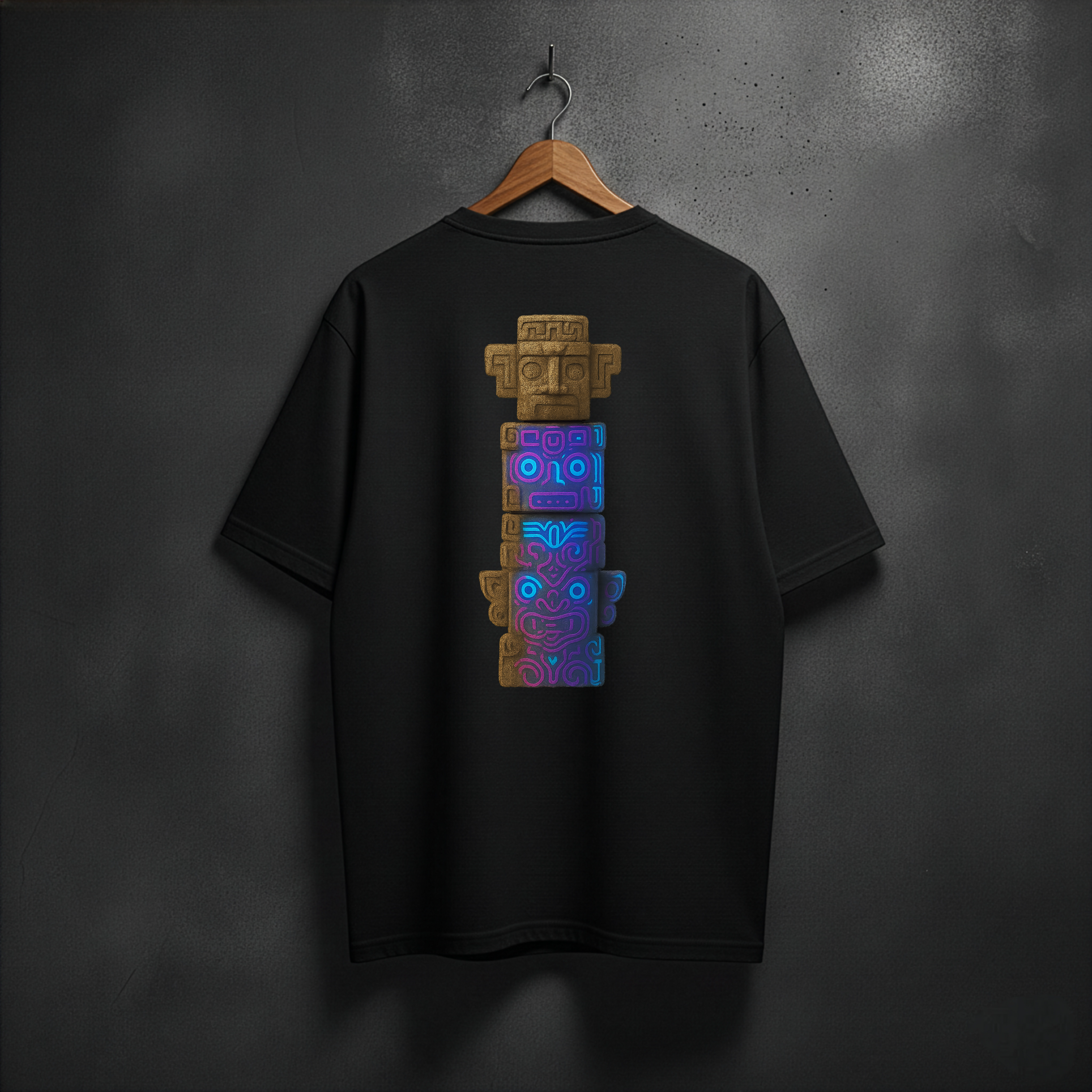 Black t-shirt with a colorful totem design on the back