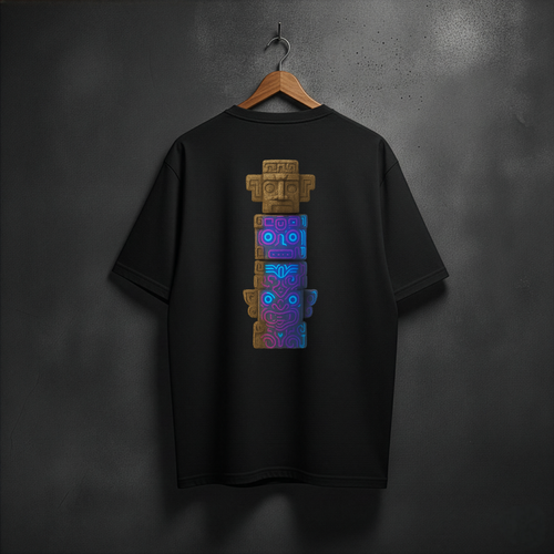 Black t-shirt with a colorful totem design on the back