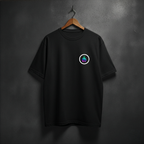 Black t-shirt with a neon fire logo on the left chest
