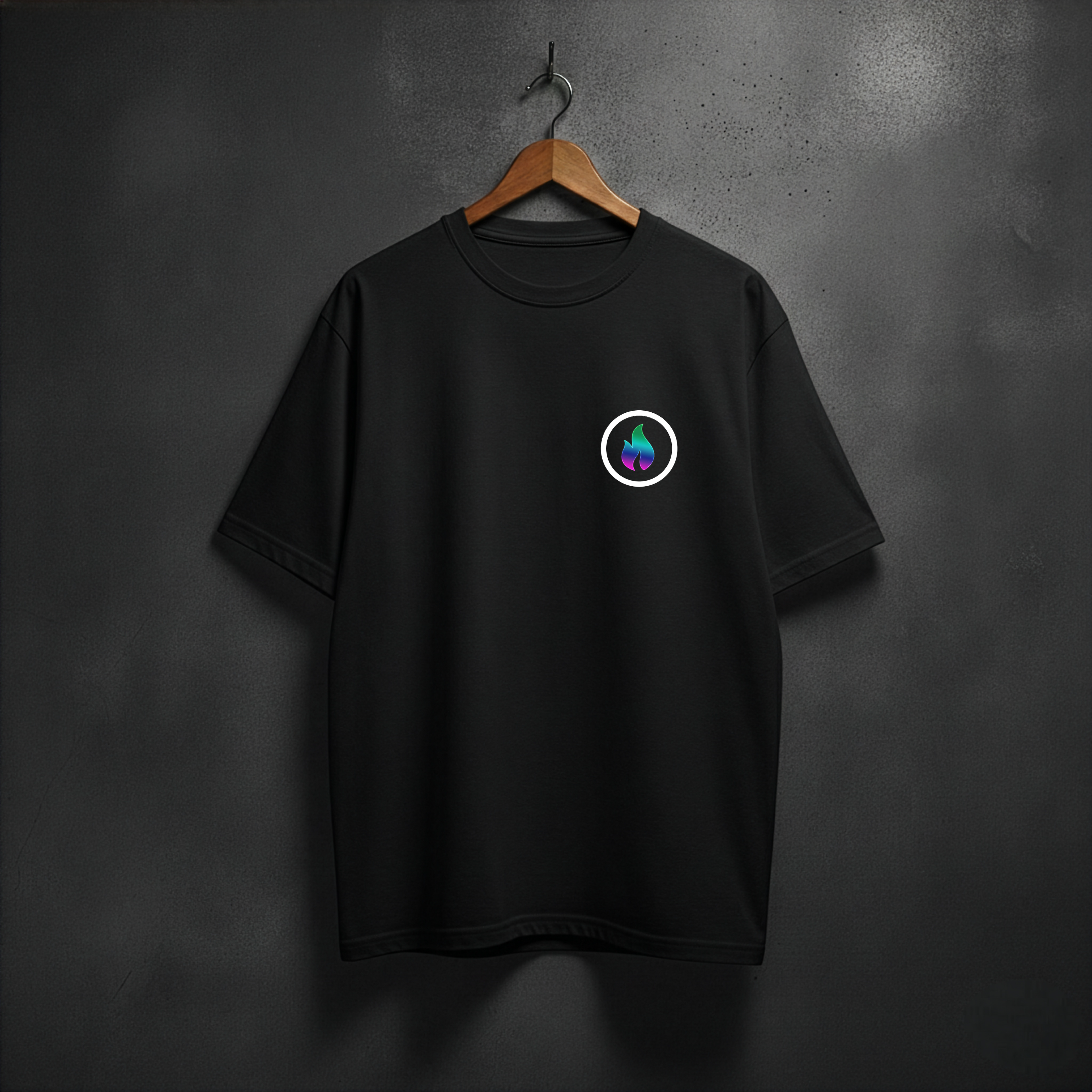 Black t-shirt with a neon fire logo on the left chest