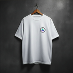 White t-shirt with neon fire logo on the left chest