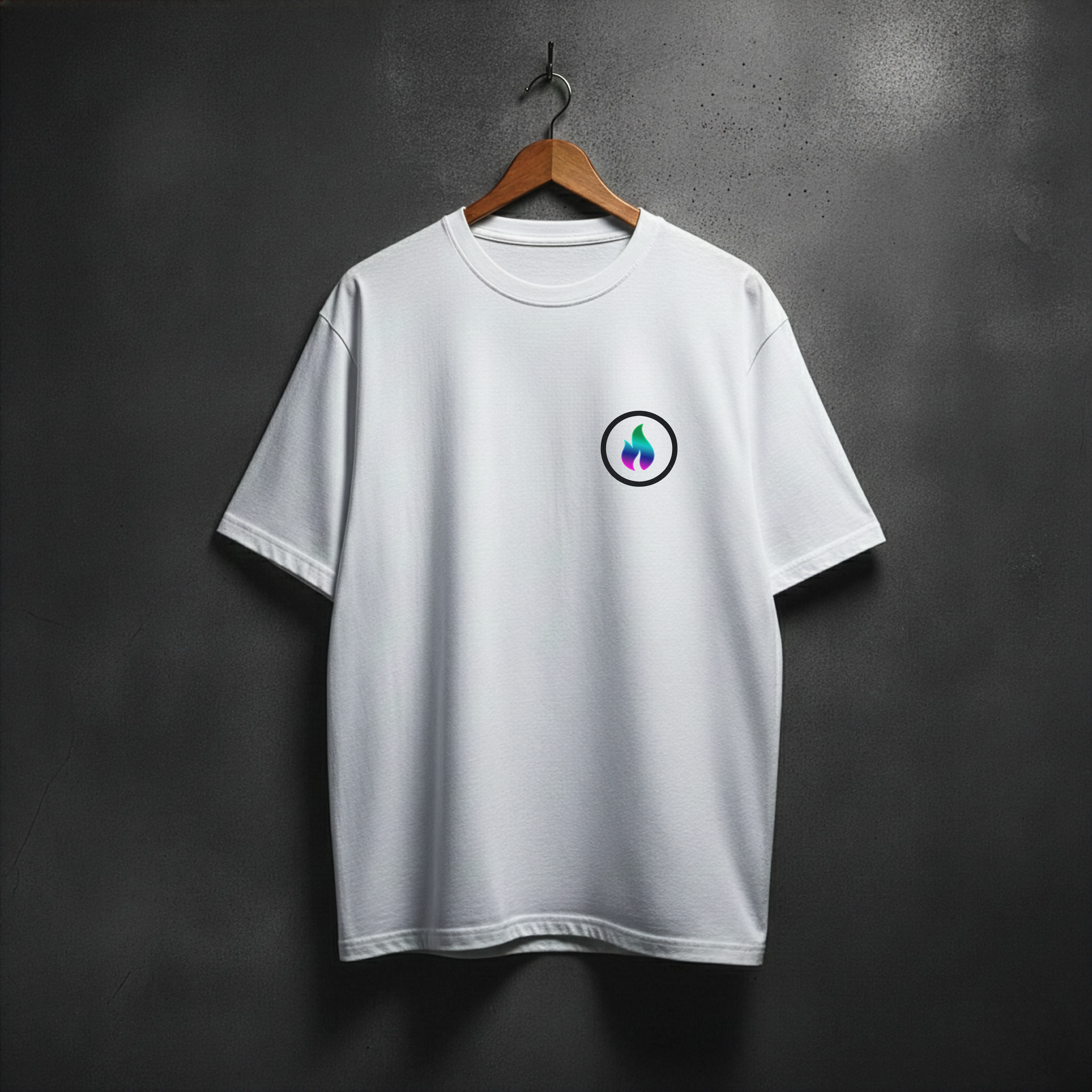 White t-shirt with neon fire logo on the left chest