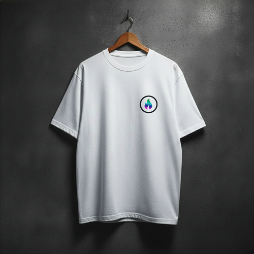 White t-shirt with neon fire logo on the left chest