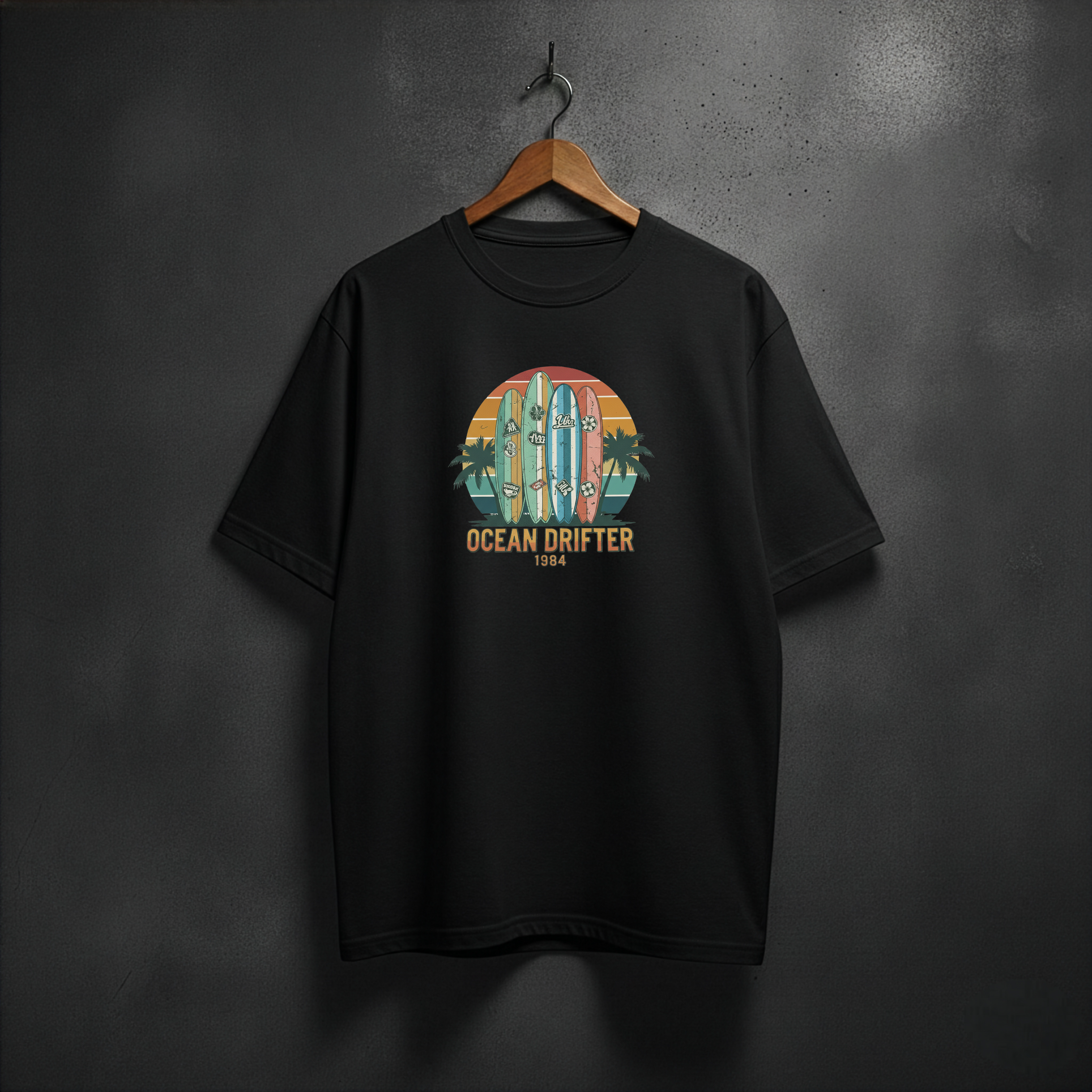 Black t-shirt with 'Ocean Drifter' graphic on the front chest