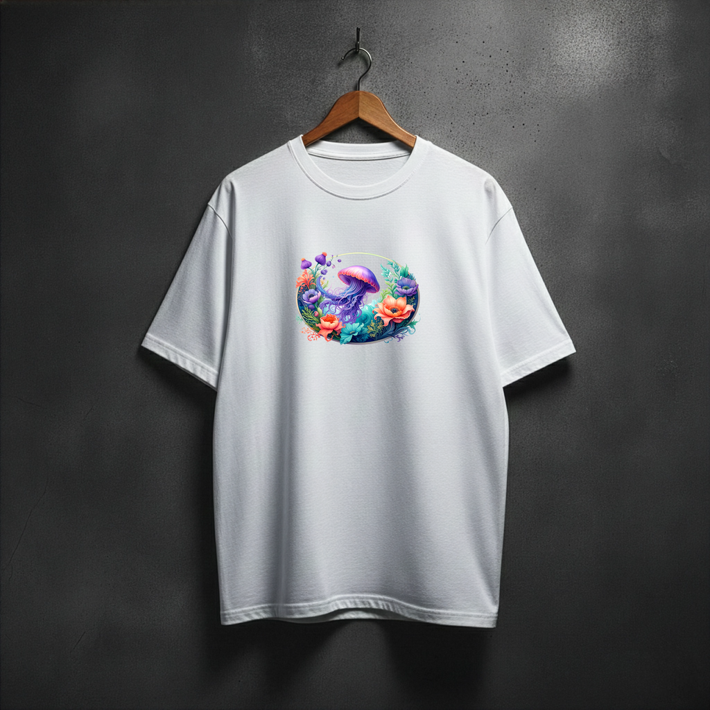 White t-shirt with a colorful jellyfish design on the front chest