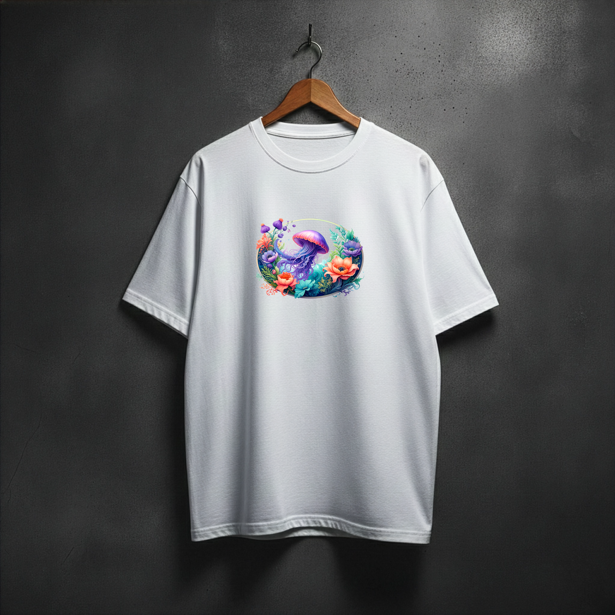 White t-shirt with a colorful jellyfish design on the front chest
