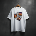 White t-shirt with geometric design and landscape images on the front chest