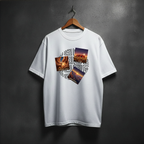 White t-shirt with geometric design and landscape images on the front chest
