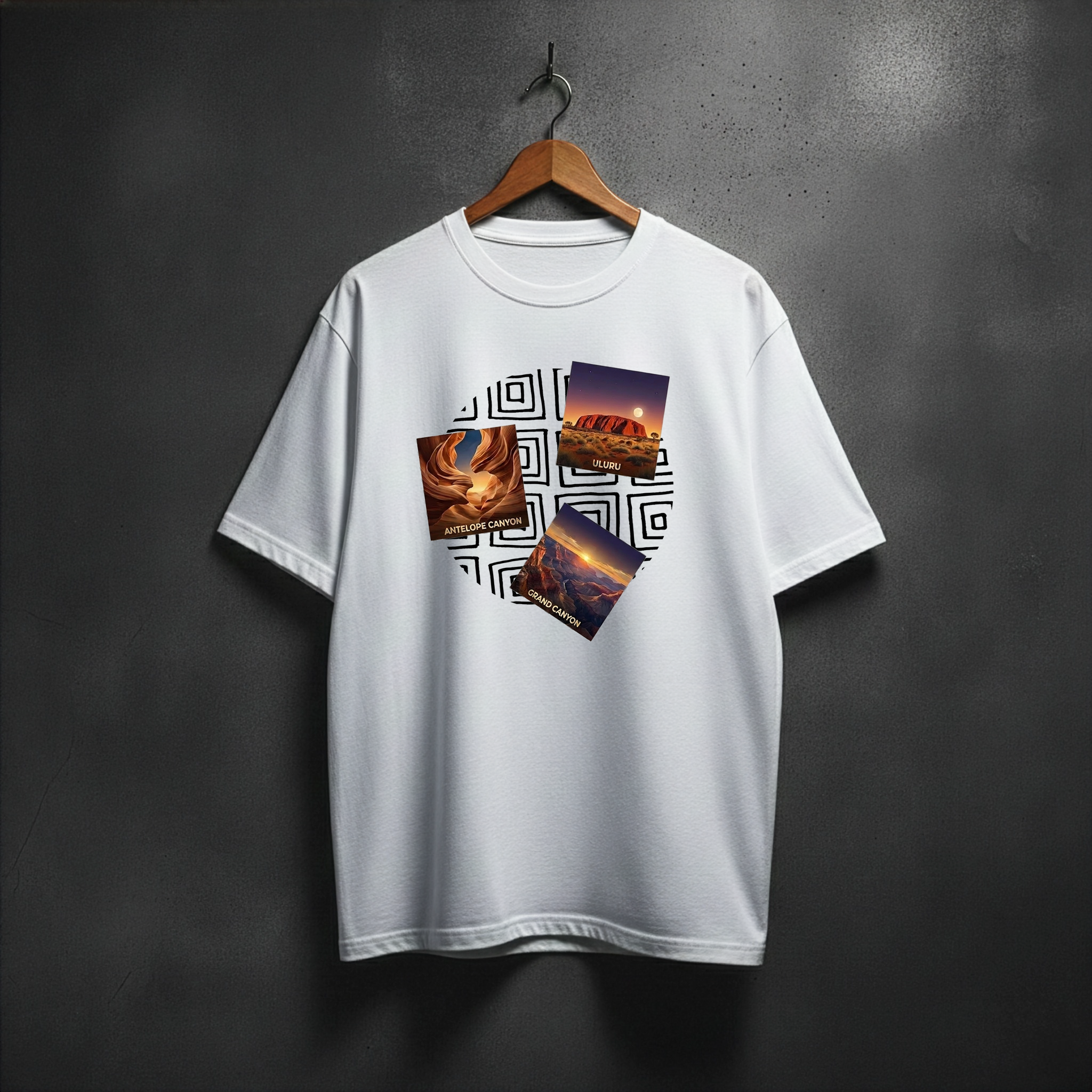 White t-shirt with geometric design and landscape images on the front chest