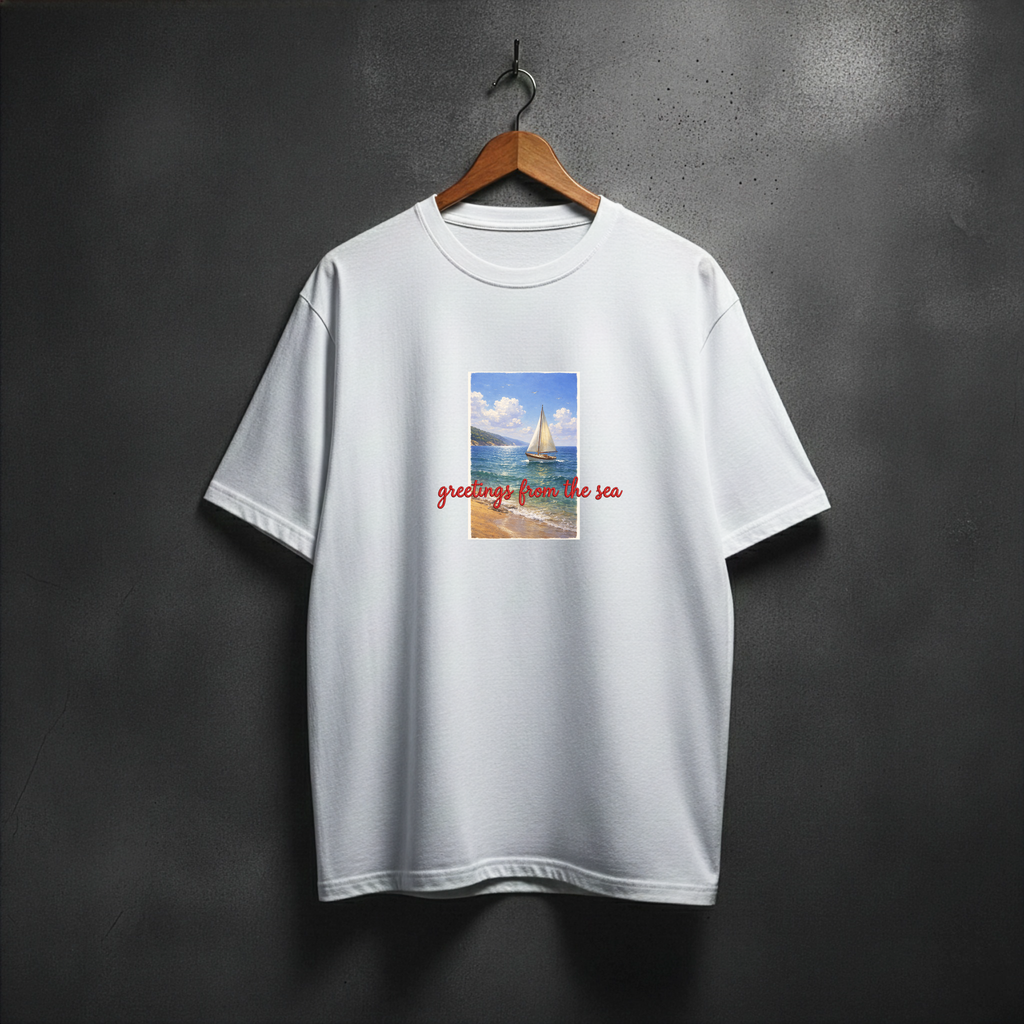White t-shirt with a graphic design of a sailboat and text 'greetings from the sea' on the front chest