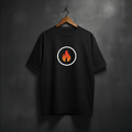 Black t-shirt with a flame in the circle on the front chest 