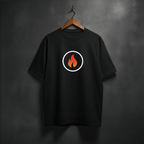 Black t-shirt with a flame in the circle on the front chest 
