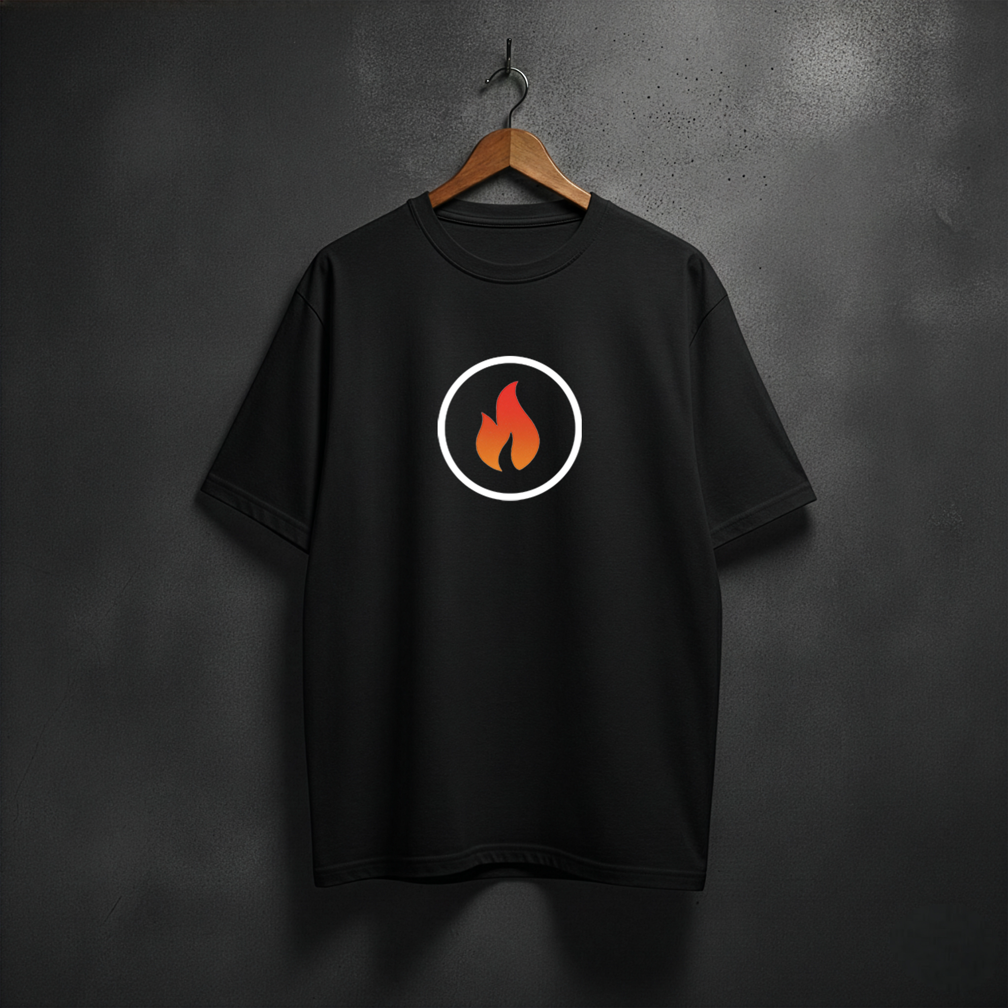 Black t-shirt with a flame in the circle on the front chest 