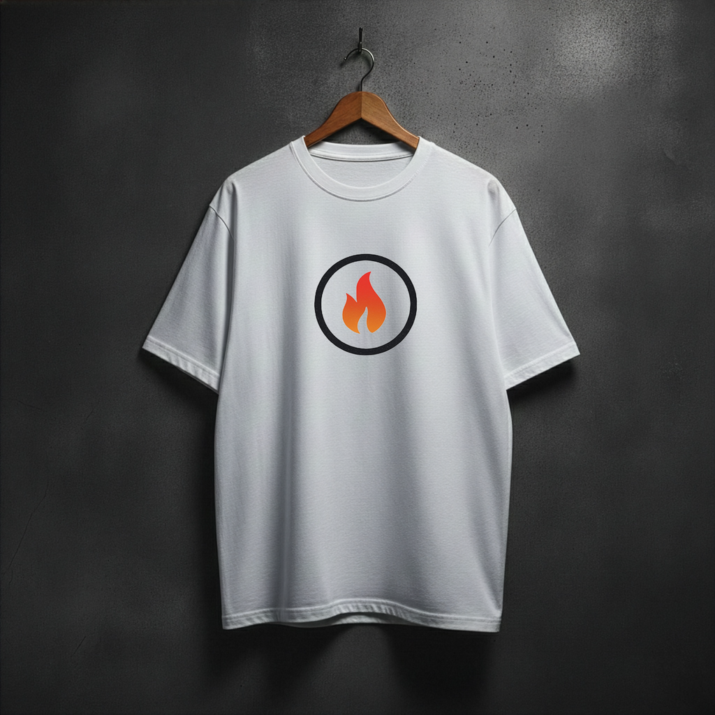 White t-shirt with a flame in the circle on the front chest 
