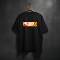 Black t-shirt with 'PRESSURE WEAR' logo with fire in the circle front view