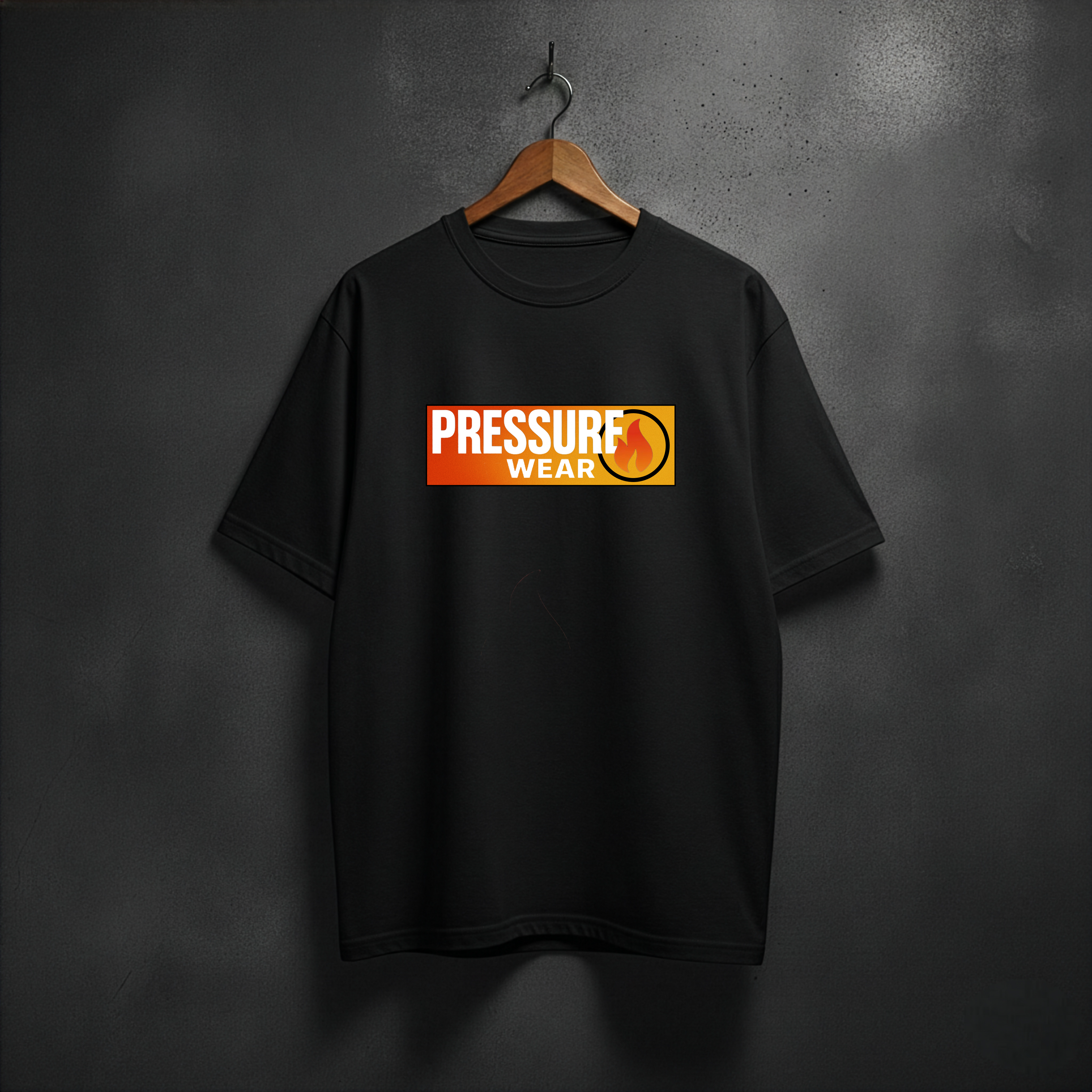 Black t-shirt with 'PRESSURE WEAR' logo with fire in the circle front view