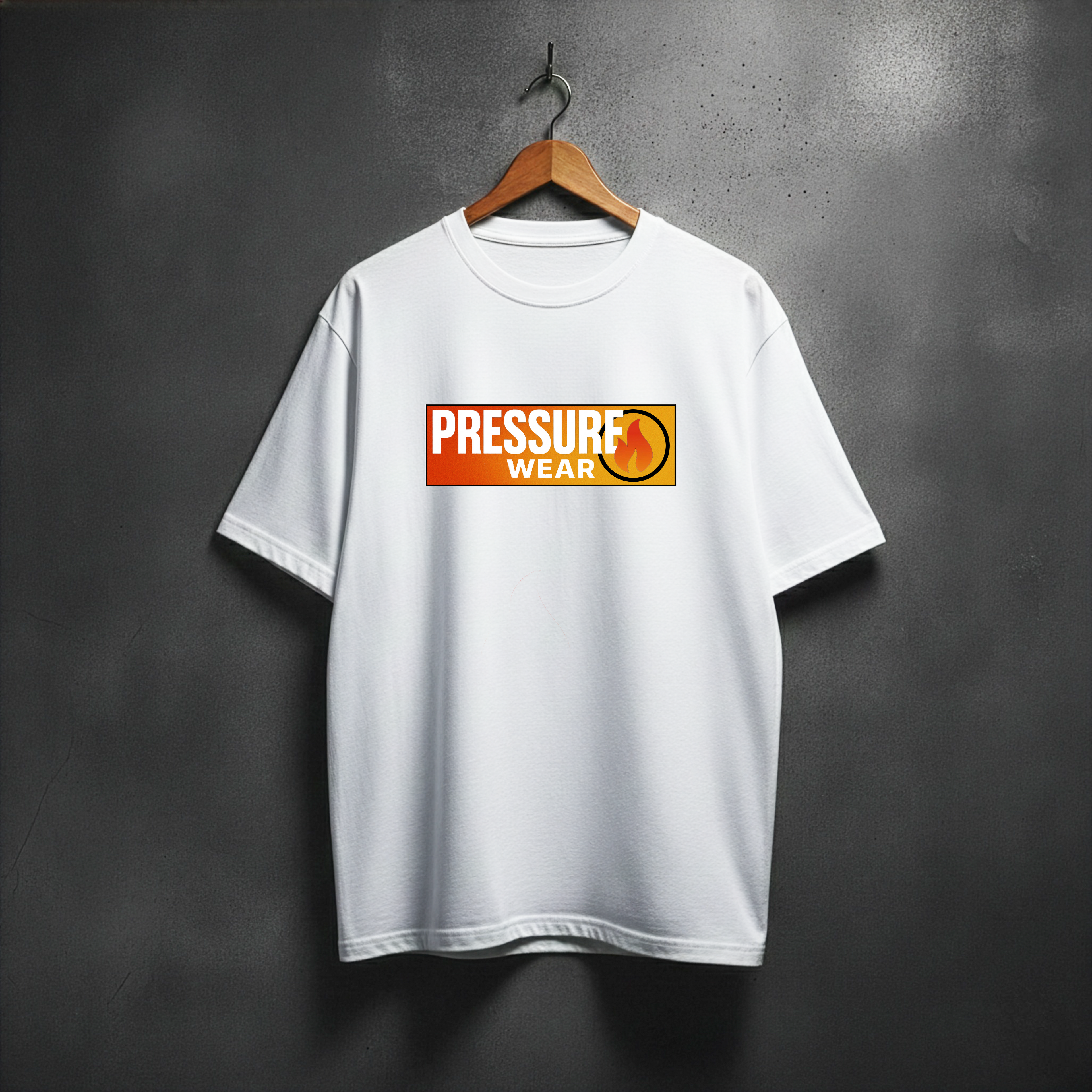 White t-shirt with 'PRESSURE WEAR' logo with fire in the circle front view
