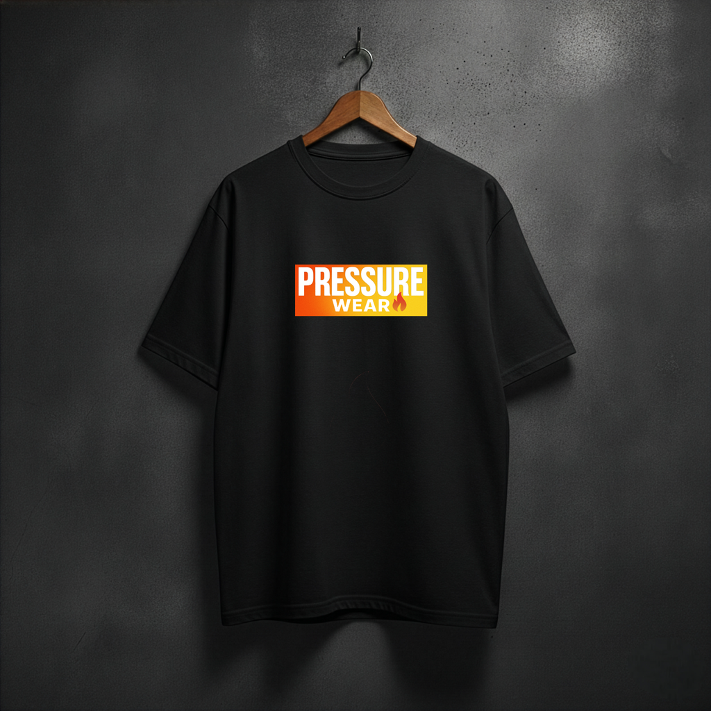 Black t-shirt with 'PRESSURE WEAR' with Fire icon front view