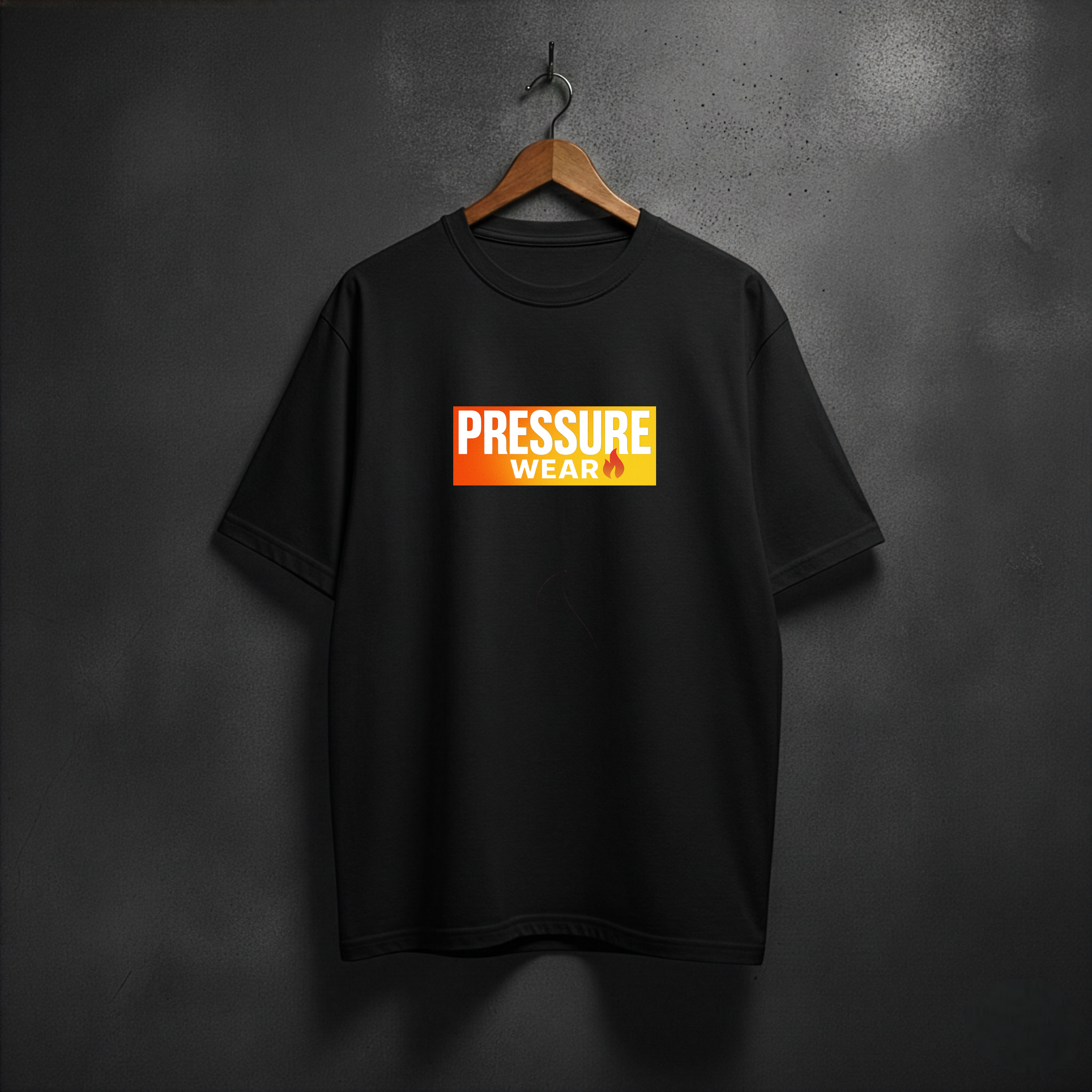Black t-shirt with 'PRESSURE WEAR' with Fire icon front view