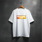 White t-shirt with 'PRESSURE WEAR' logo with fire icon front view