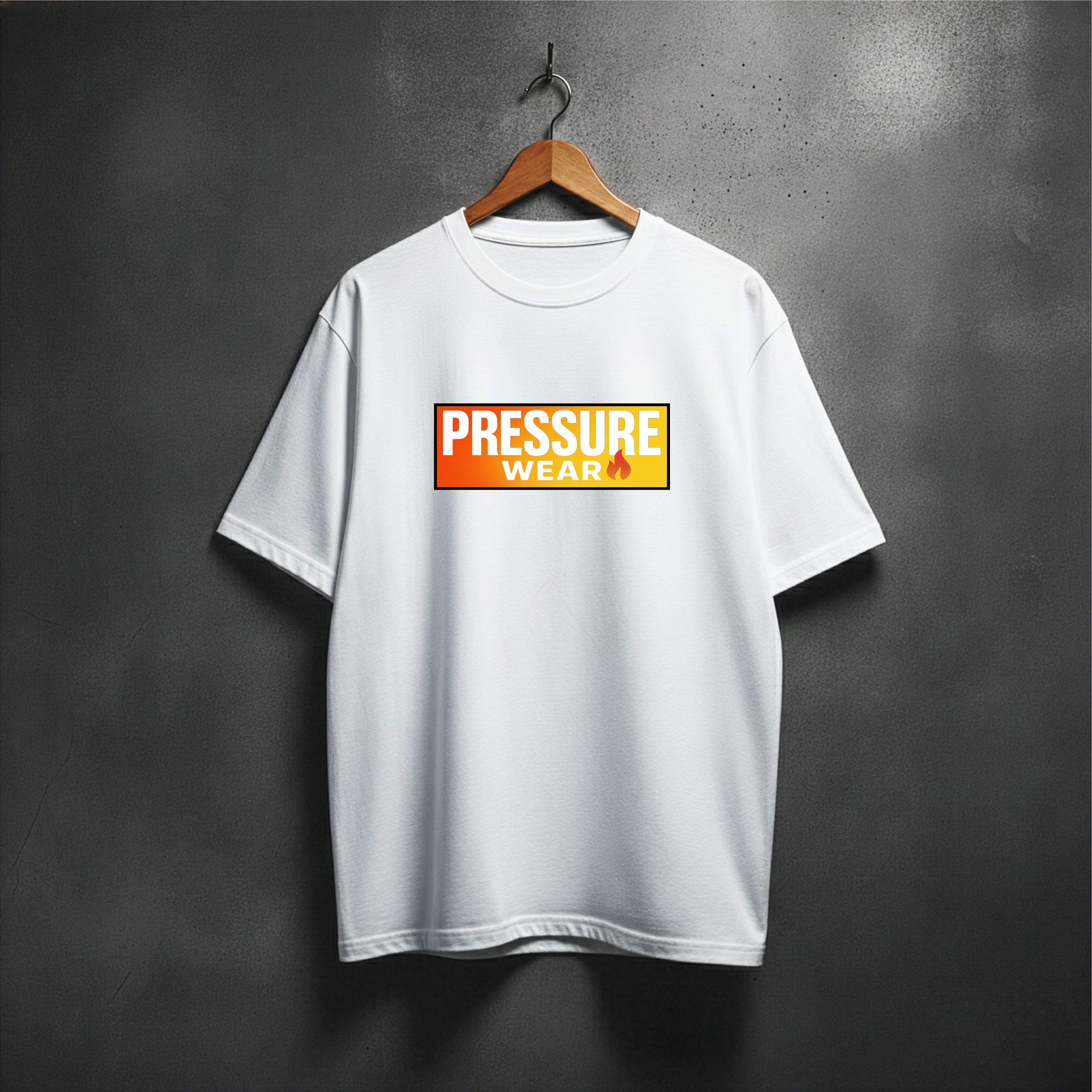White t-shirt with 'PRESSURE WEAR' logo with fire icon front view