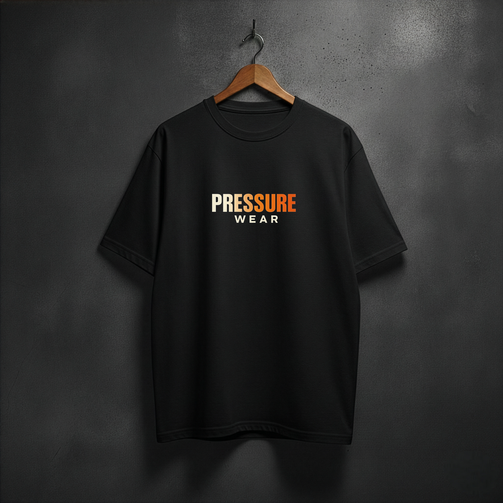 Black t-shirt with 'PRESSURE WEAR' logo no fire front view 